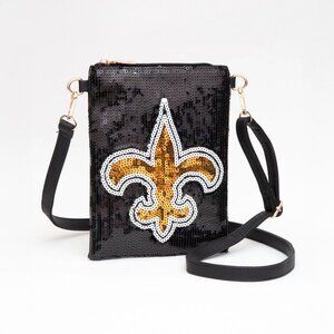 Fleur de Lis Accented Sequin Crossbody Bag New Orleans Saints Black Vegan NEW